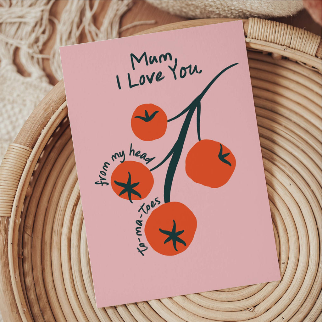 Mother’s Day pun card, eco-friendly Mother’s Day card, recycled greeting card, funny Mother’s Day card UK, playful tomato card, sustainable stationery