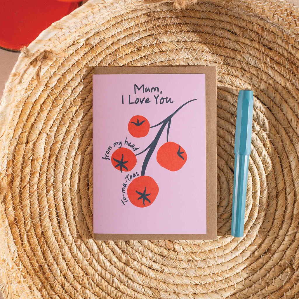 Mother’s Day pun card, eco-friendly Mother’s Day card, recycled greeting card, funny Mother’s Day card UK, playful tomato card, sustainable stationery