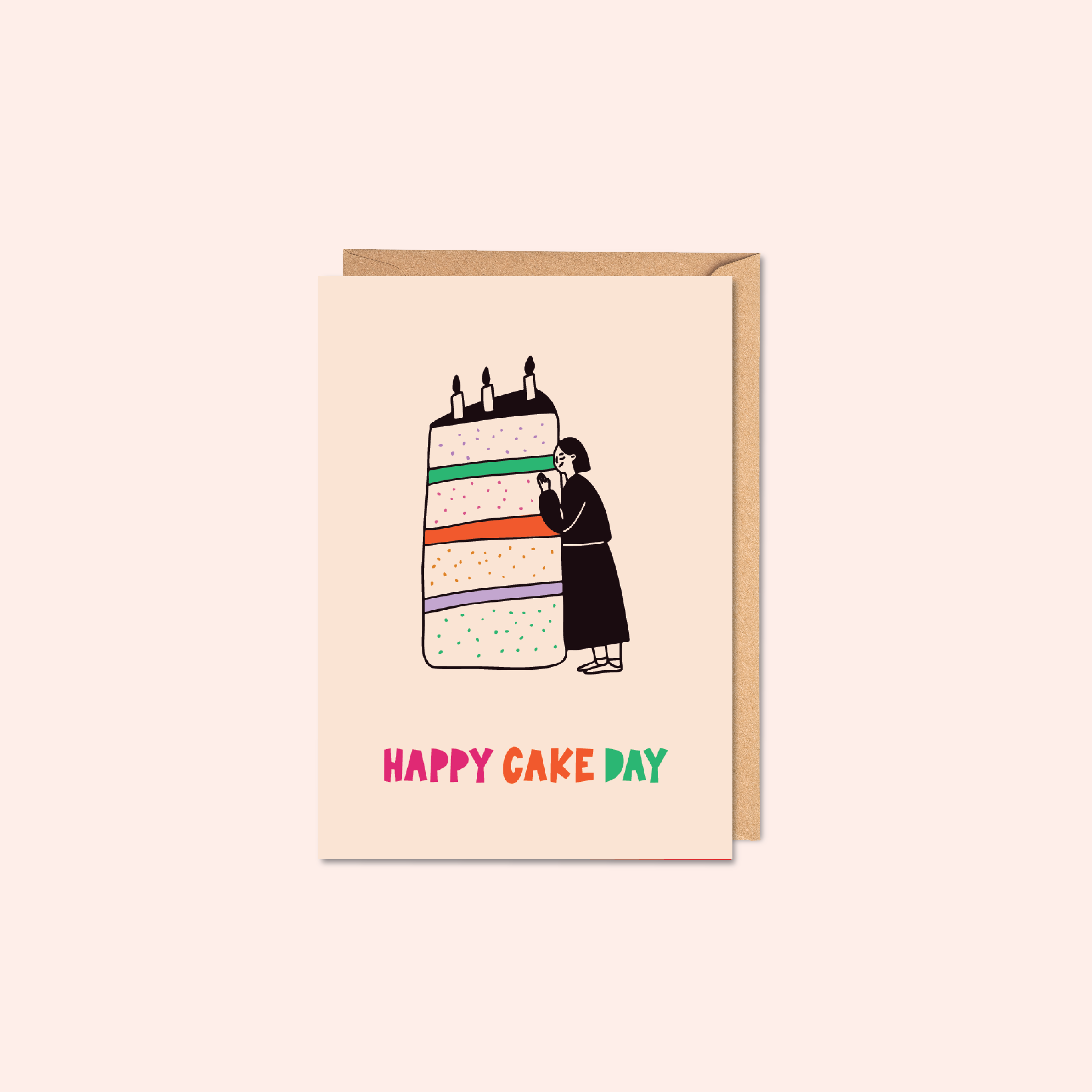 Greeting card with an illustration of a person hugging a cake and 'Happy Cake Day' text on a light peach background.