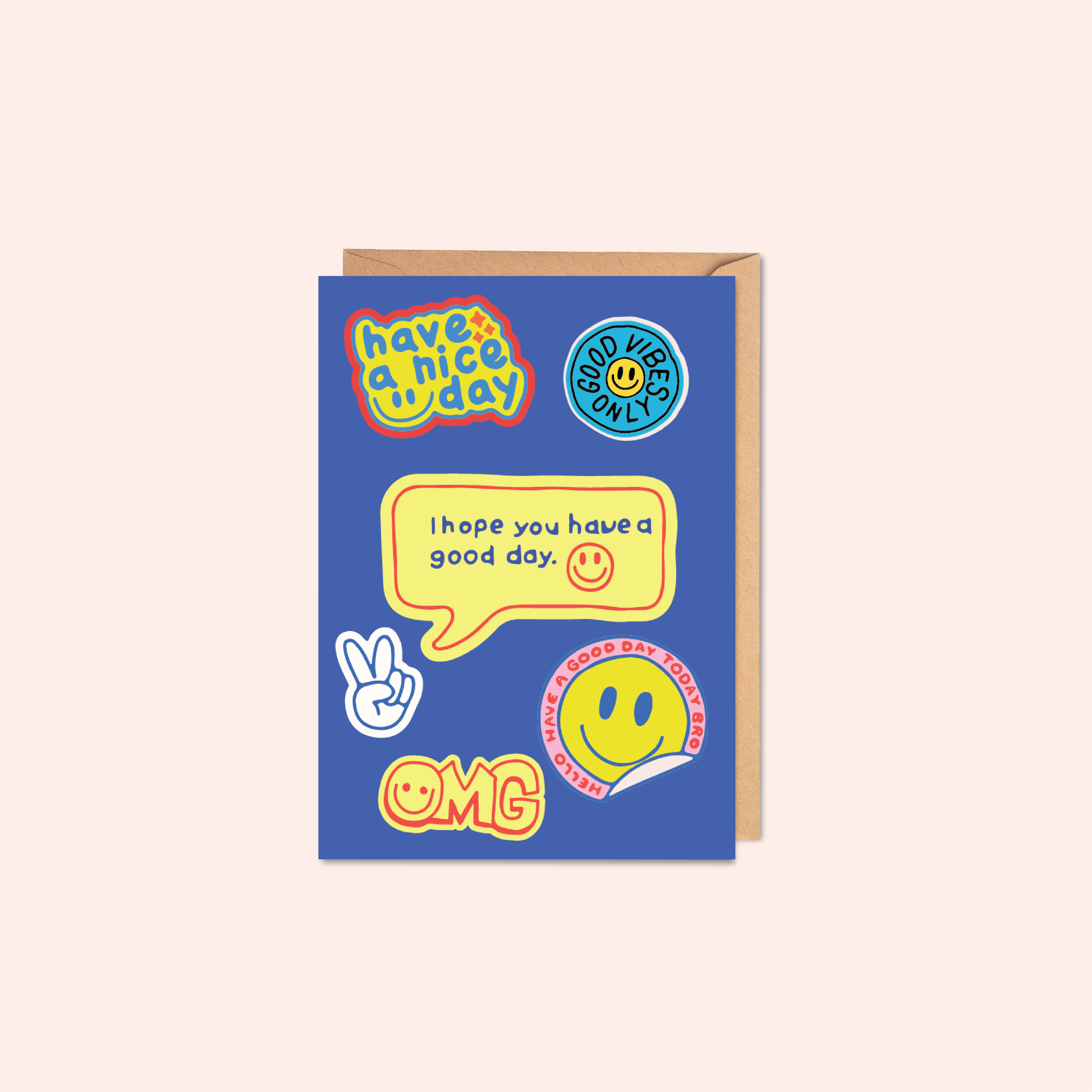 Birthday / greeting card with colourful text and smiley face designs on a cornflower blue background