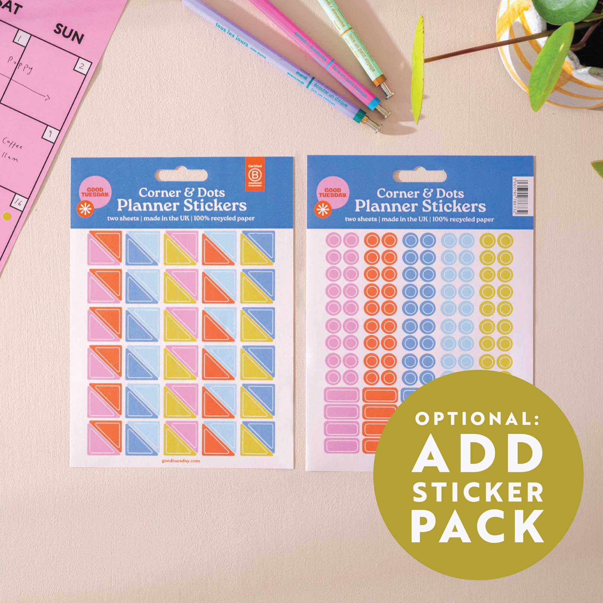 Work Hard Play Nice calendar shown with optional planner stickers