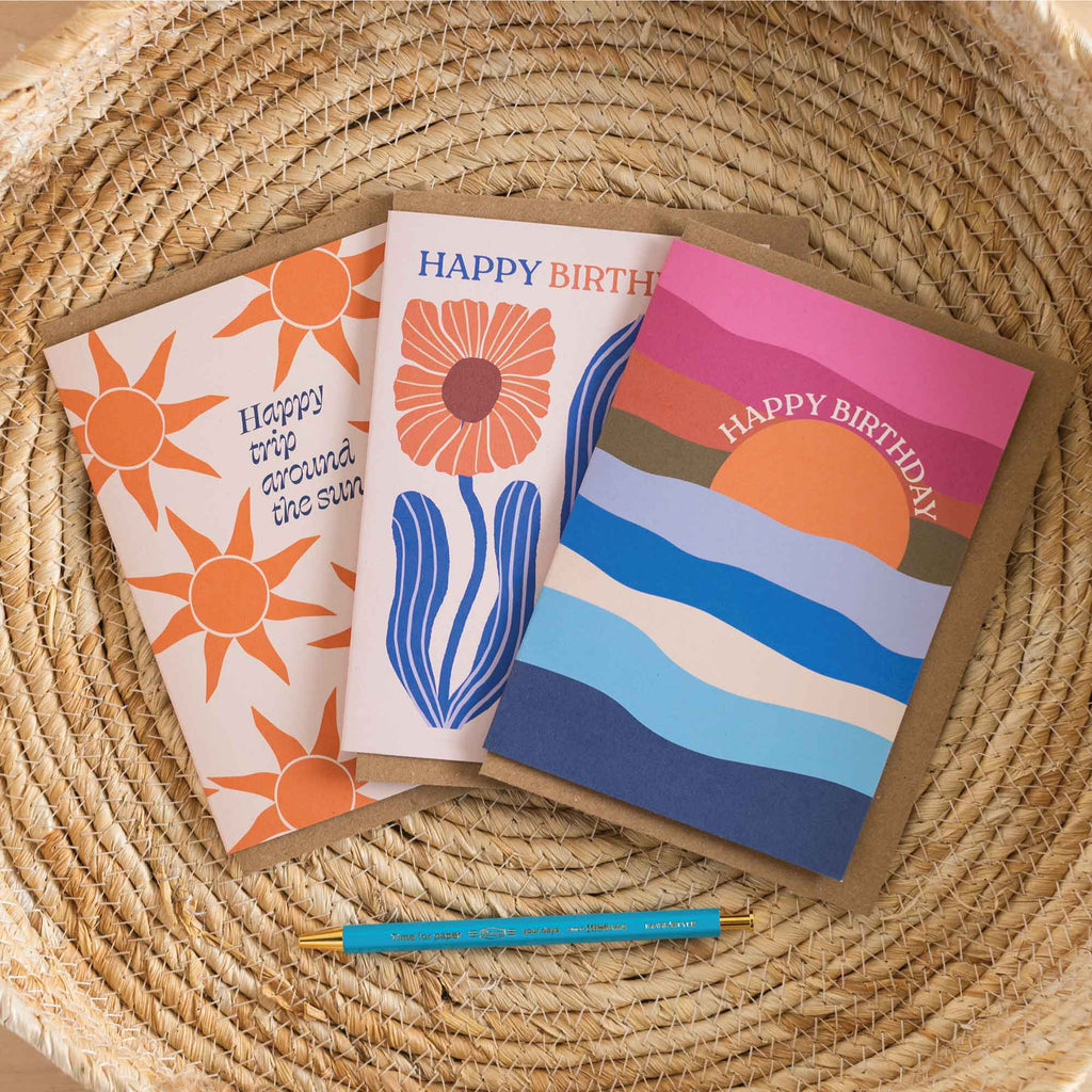 3 Pack of Birthday Cards. eco-friendly birthday card UK, modern greeting card, recycled card, adventure-themed birthday card.