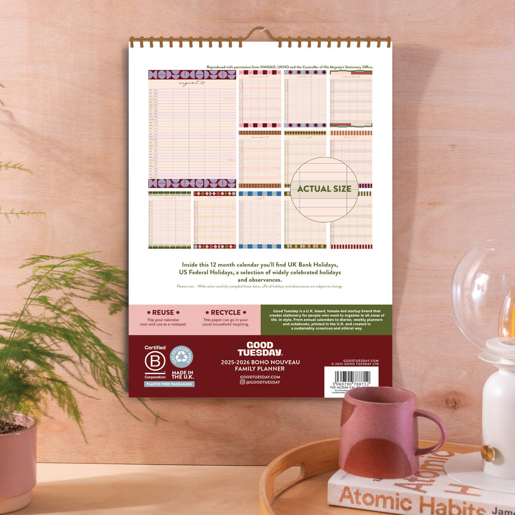 Back view of calendar pages showing holiday details and column layout