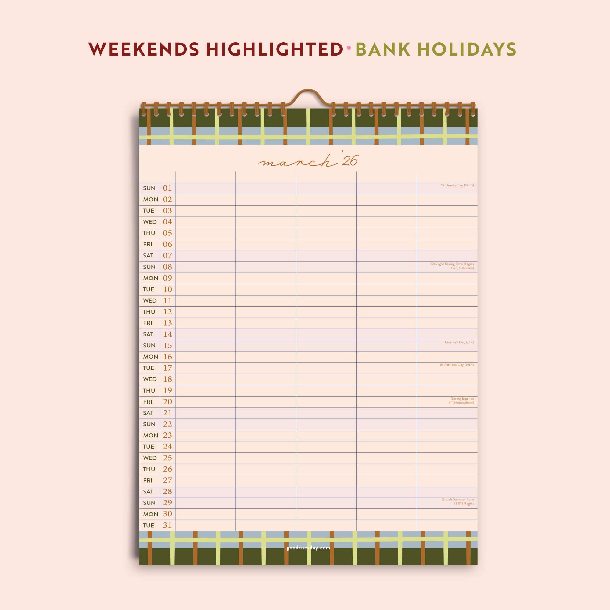 Monthly layout of 2025–2026 academic family planner with holidays and week numbers