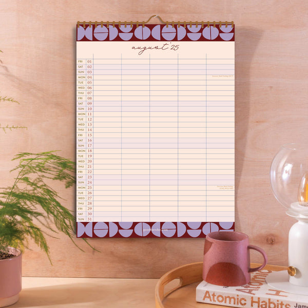 Monthly layout of 2025–2026 academic family planner with 5 columns