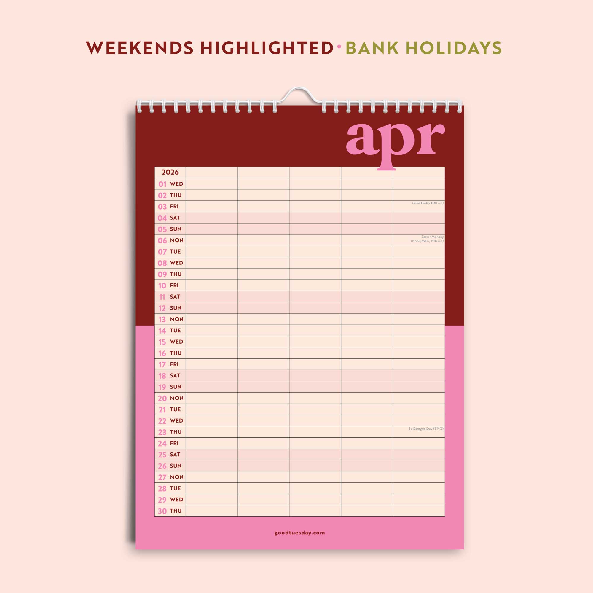 Close-up of the calendar layout showing column spacing and grid lines