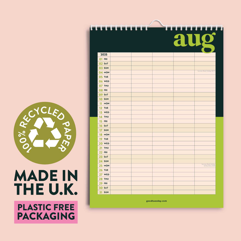 A3 family calendar with bold block colours and typography design printed in the UK on 100% recycled paper
