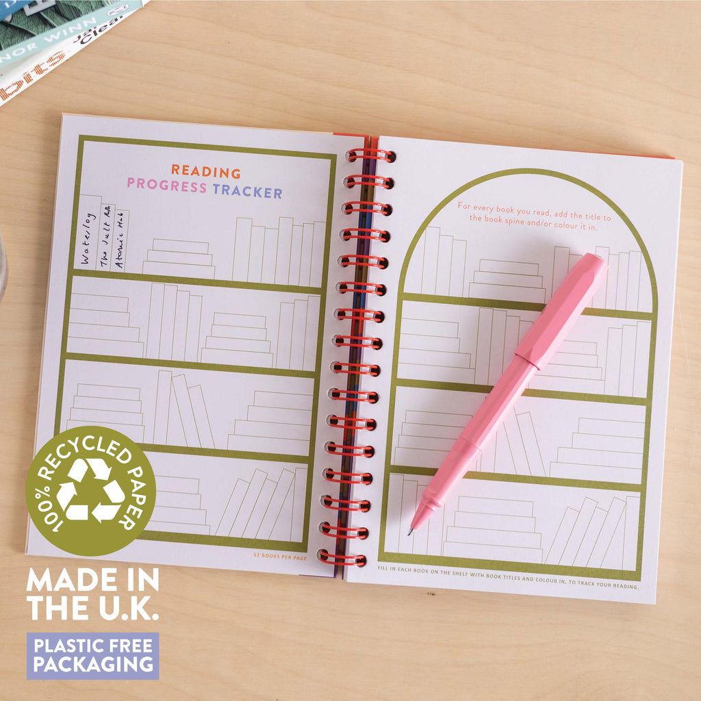 Close-up of the Book Vibe Reading Journal highlighting its 100% recycled and recyclable paper quality. Includes Fun Bookshelf reading tracker