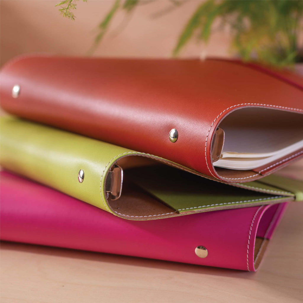 A5 filofax style refillable binder made from recycled leather. handmade in the UK.