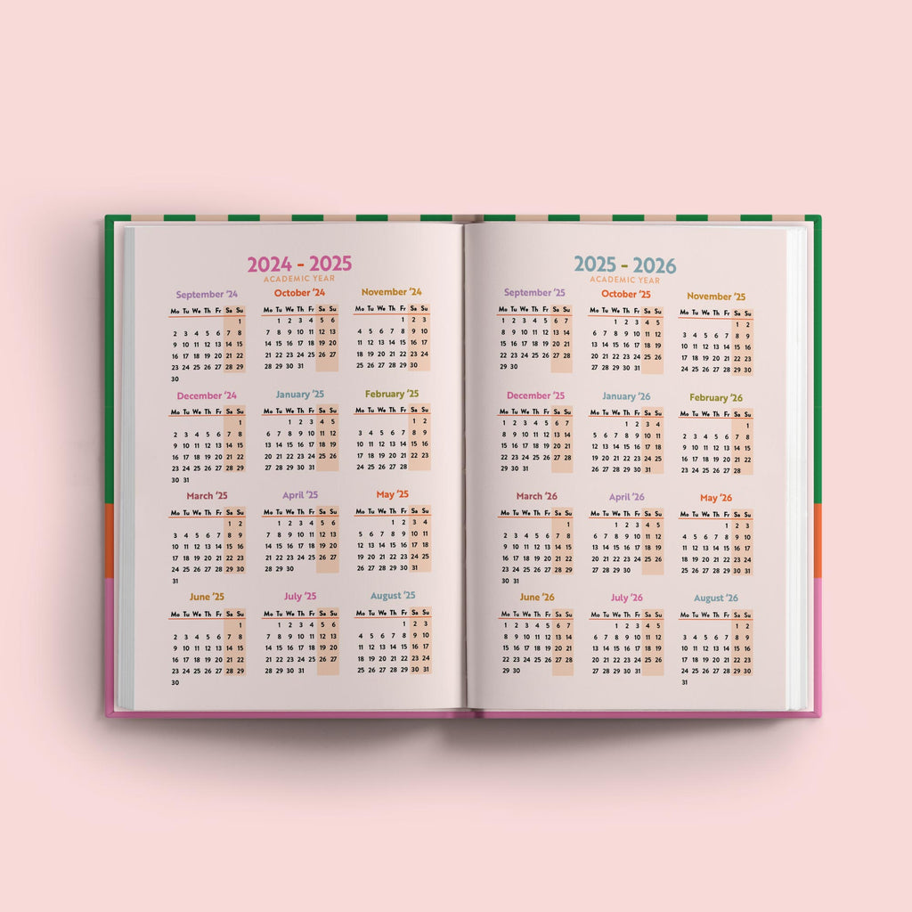 2024 - 2025 academic diary. Tropical Vibes. Cabana Stripe. Week to view. A5, hardcover journel. 100% recycled paper. Made in the UK.