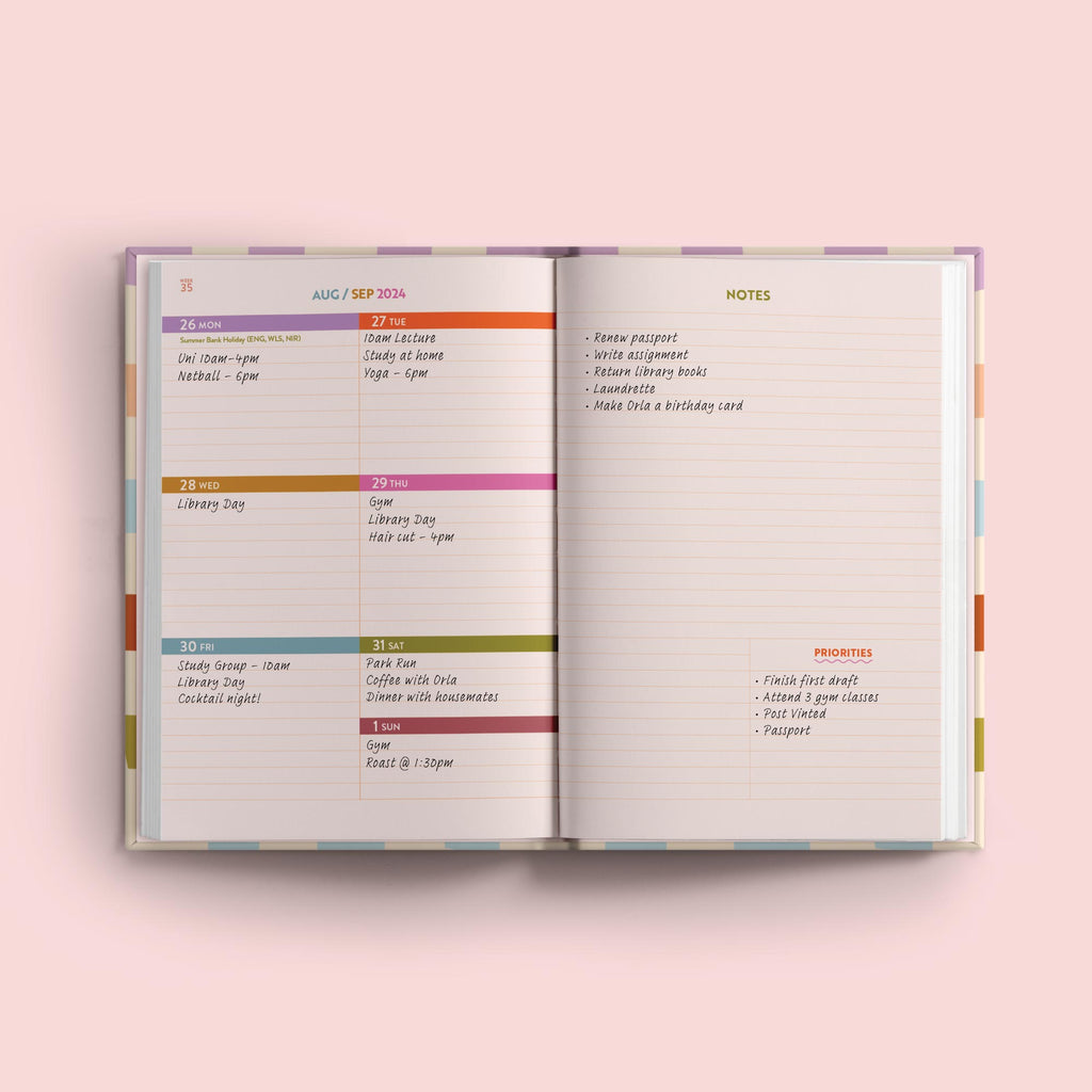 2024 - 2025 academic diary. Multicoloured Checkerboard design. Week to view. A5, hardcover journel. 100% recycled paper. Made in the UK.