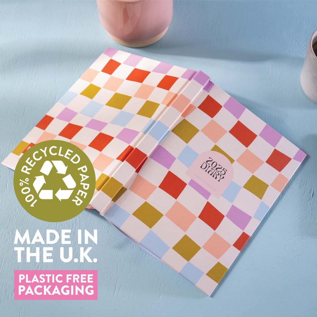 2025 week to view planner. annual diary. 100% recycled paper. made in the UK.