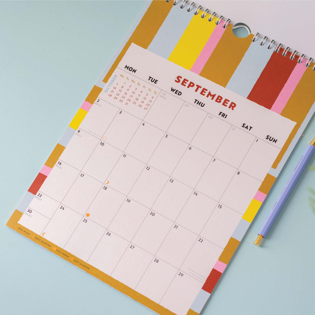 academic calendar for back to school. colourful checks and stripes. 100% recycled paper.