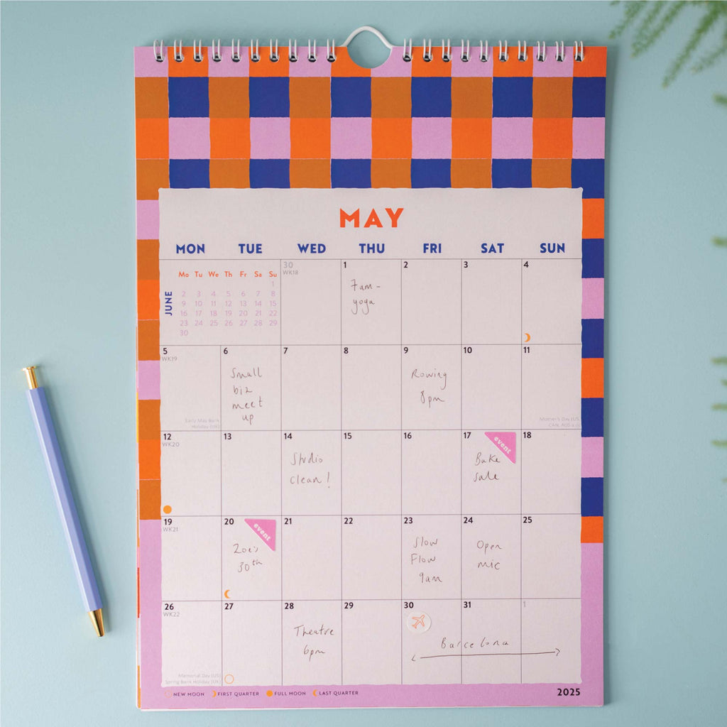 academic calendar for back to school. colourful checks and stripes. 100% recycled paper.