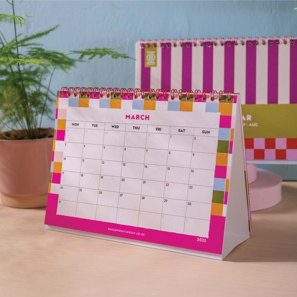 academic year desk calendar. 2024-2025. 100% recycled paper. freestanding flip calendar. checks and stripes.