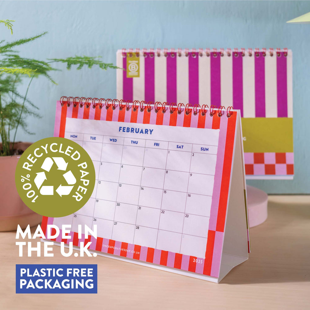 academic year desk calendar. 2024-2025. 100% recycled paper. freestanding flip calendar. checks and stripes.