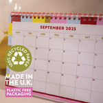 Close-up of the 2025–2026 Flip August Start Desk Calendar, emphasising the use of 100% recycled paper and eco-conscious printing