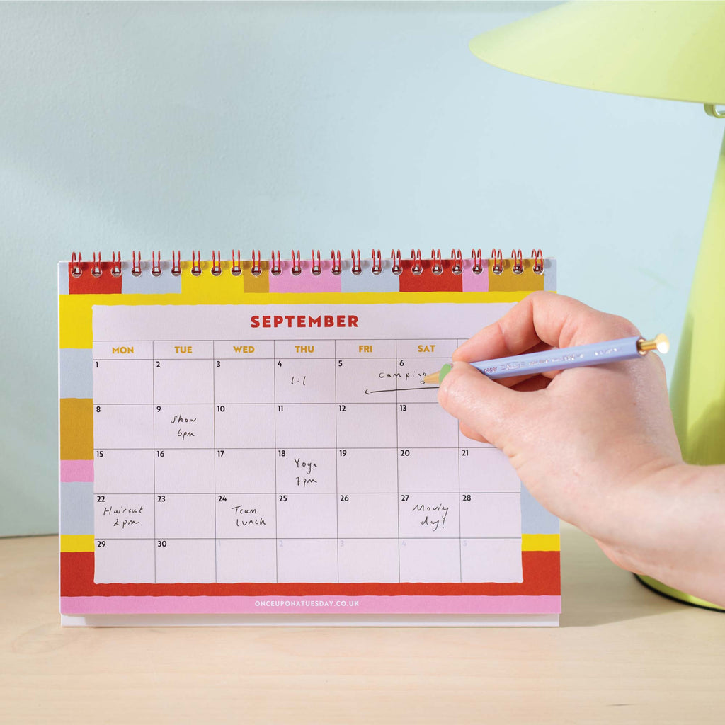 2025 desk calendar, A5 size. Bright Colours. Checks and Stripes. 100% Recycled Paper and made in the UK.