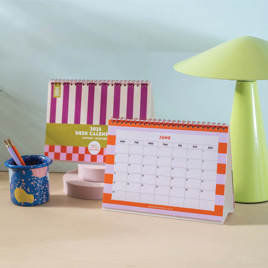 2025 desk calendar, A5 size. Bright Colours. Checks and Stripes. 100% Recycled Paper and made in the UK.