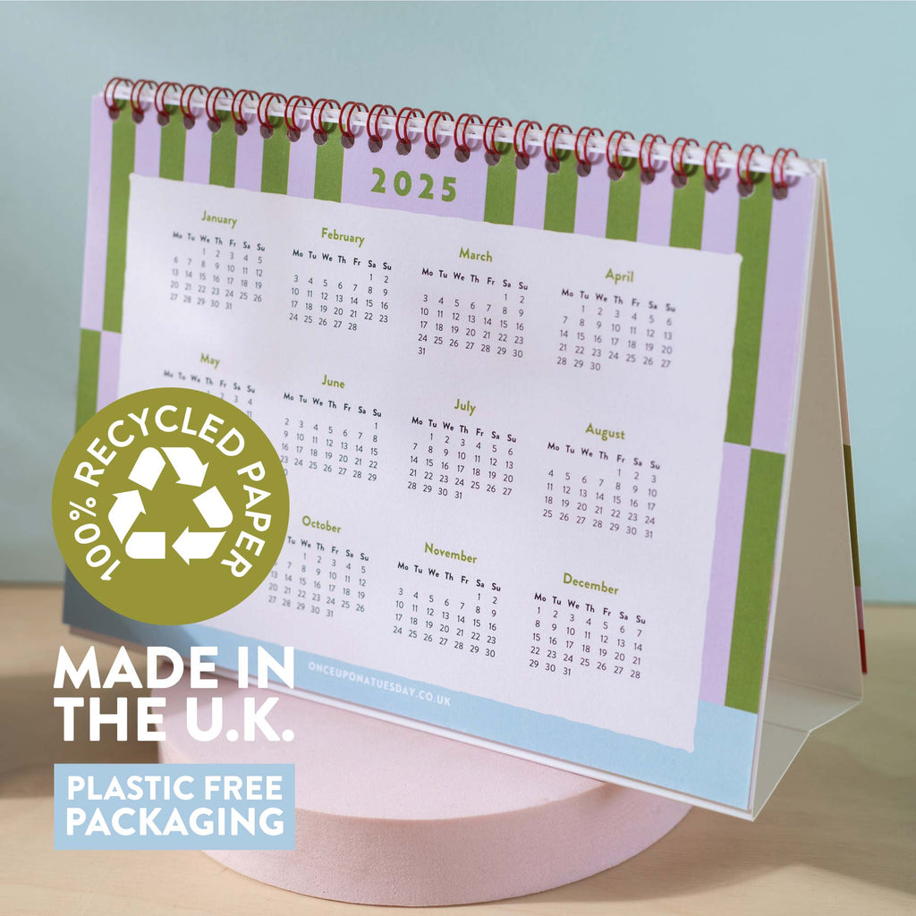 2025 desk calendar, A5 size. Bright Colours. Checks and Stripes. 100% Recycled Paper and made in the UK.