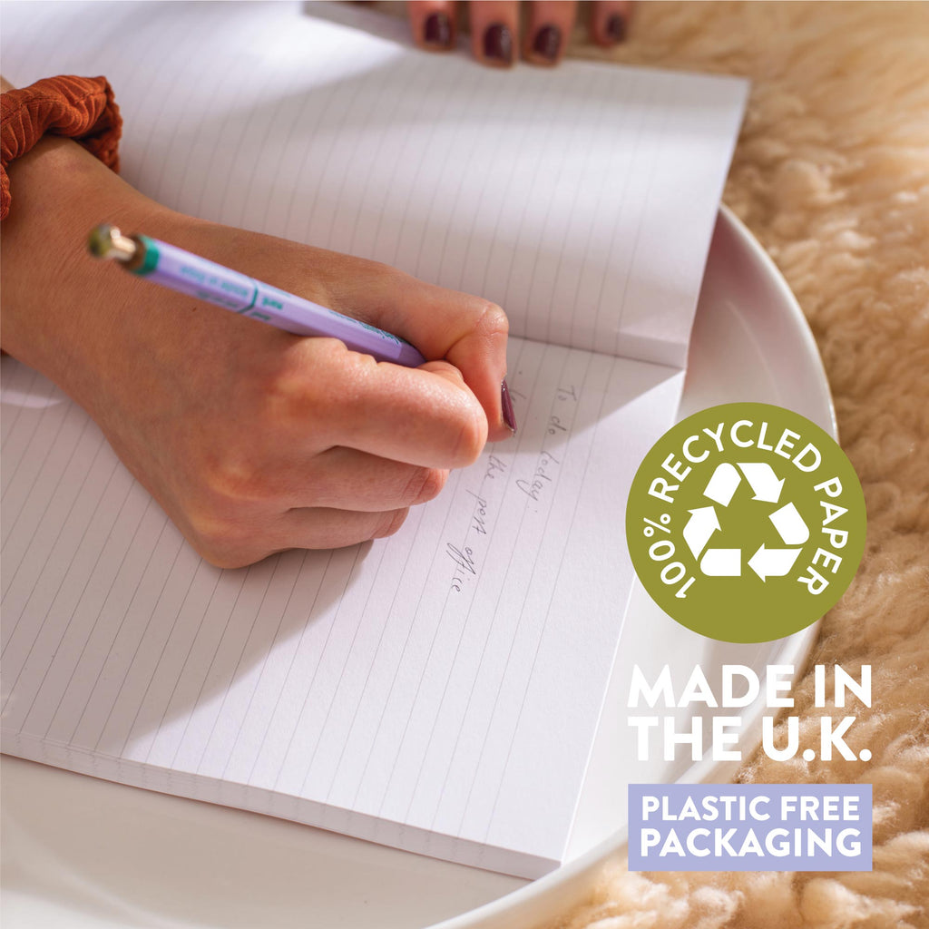 100% recycled checks notebook. 128 pages, A5. Made in the UK.