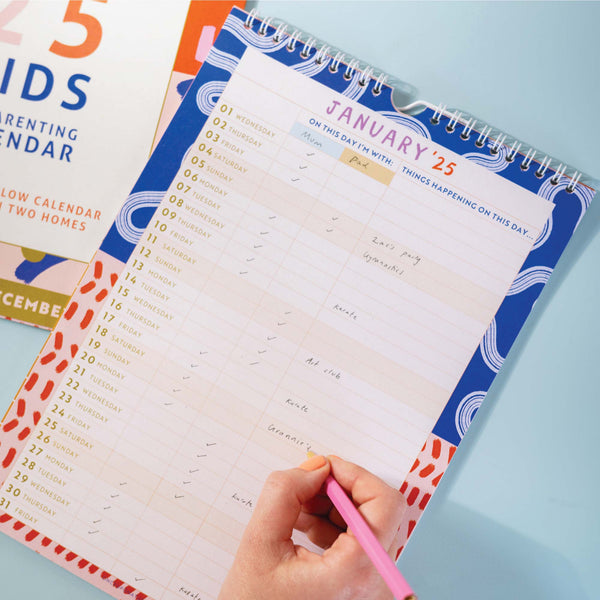 2025 kids calendar. co parenting calendar. calendar for kids. two homes. 100% recycled paper