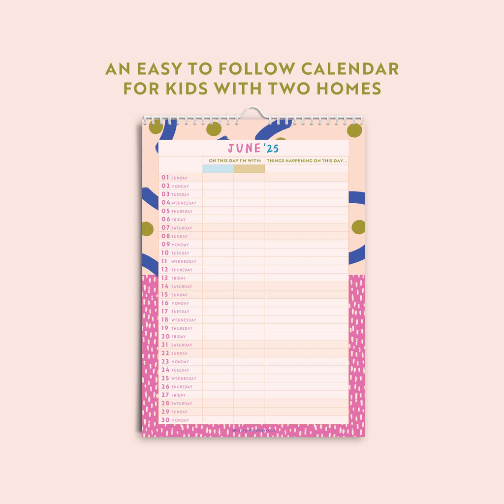 2025 kids calendar. co parenting calendar. calendar for kids. two homes. 100% recycled paper