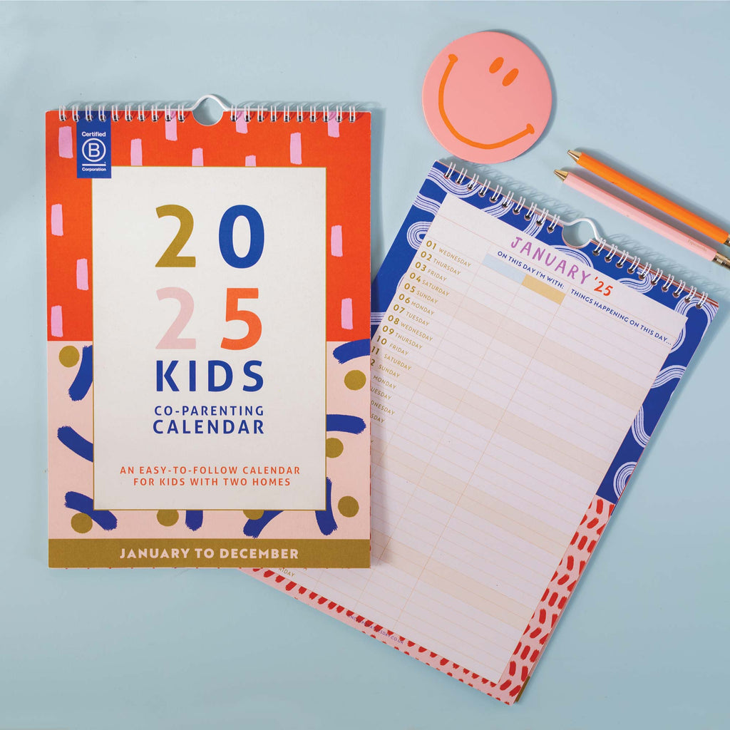 2025 kids calendar. co parenting calendar. calendar for kids. two homes. 100% recycled paper