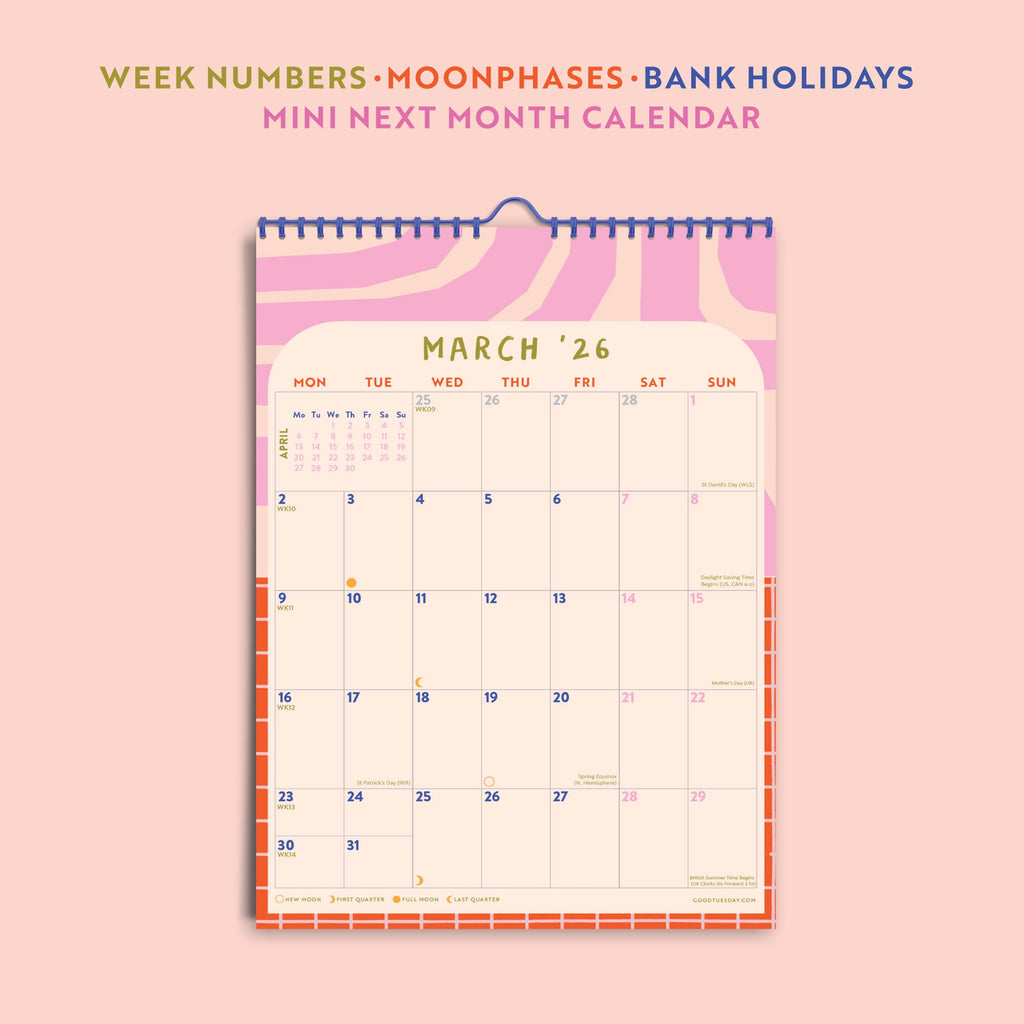 Close-up of Colour Flow A4 Academic Calendar Layout – Monthly Grid with Week Numbers and Holidays