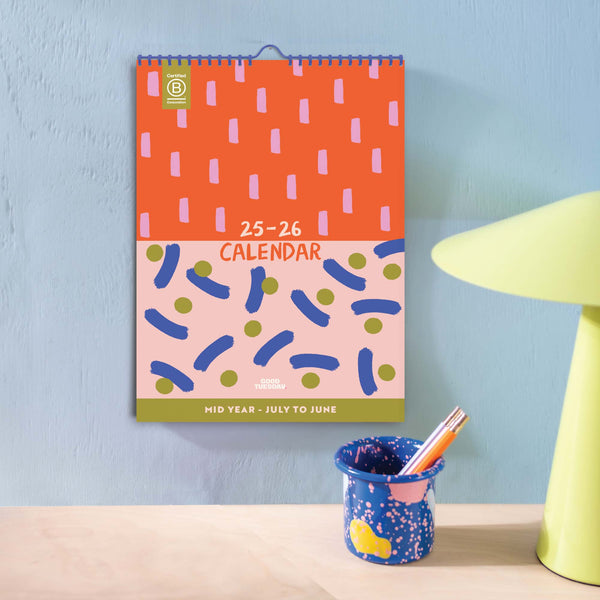2025–2026 Mid-Year A4 Wall Calendar Cover – Colour Flow Abstract Design, UK Printed on Recycled Paper