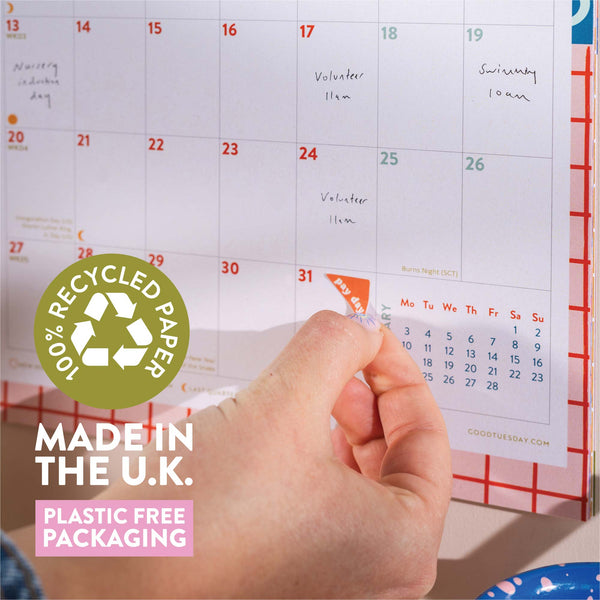 100% Recycled Paper Detail – Eco-Friendly A4 Wall Calendar for Academic Year Planning