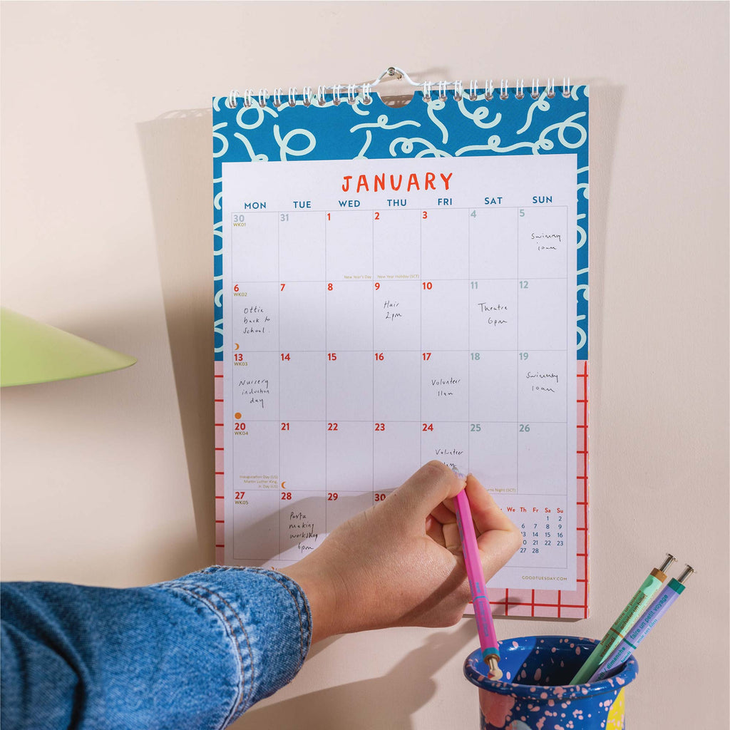 2025 colourful and compact calendar. recycled paper. made in the UK.