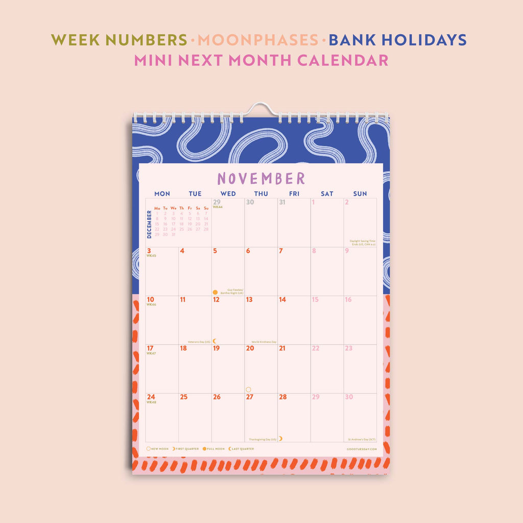 2025 colourful and compact calendar. recycled paper. made in the UK.