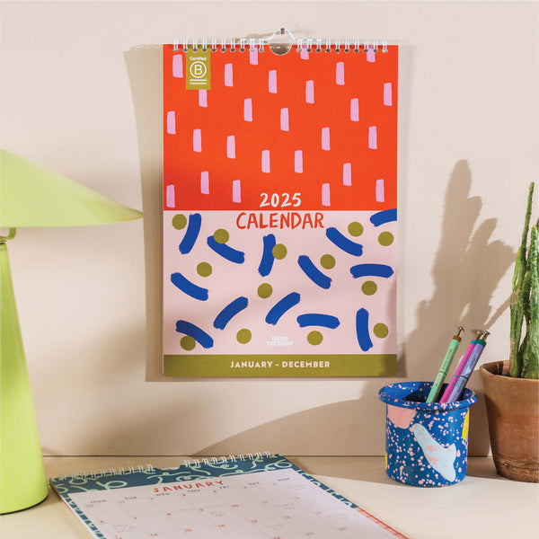 2025 colourful and compact calendar. recycled paper. made in the UK.