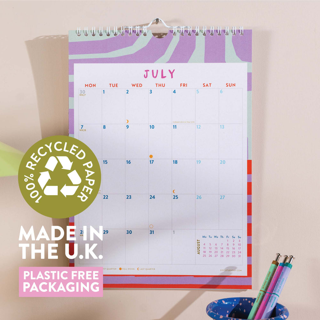 2025 colourful and compact calendar. recycled paper. made in the UK.