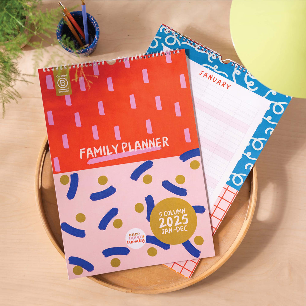 5 column family planner. 2025 year planner. 2025 family calendar. 100% recycled paper. made in the UK. Colourful and bold planner.