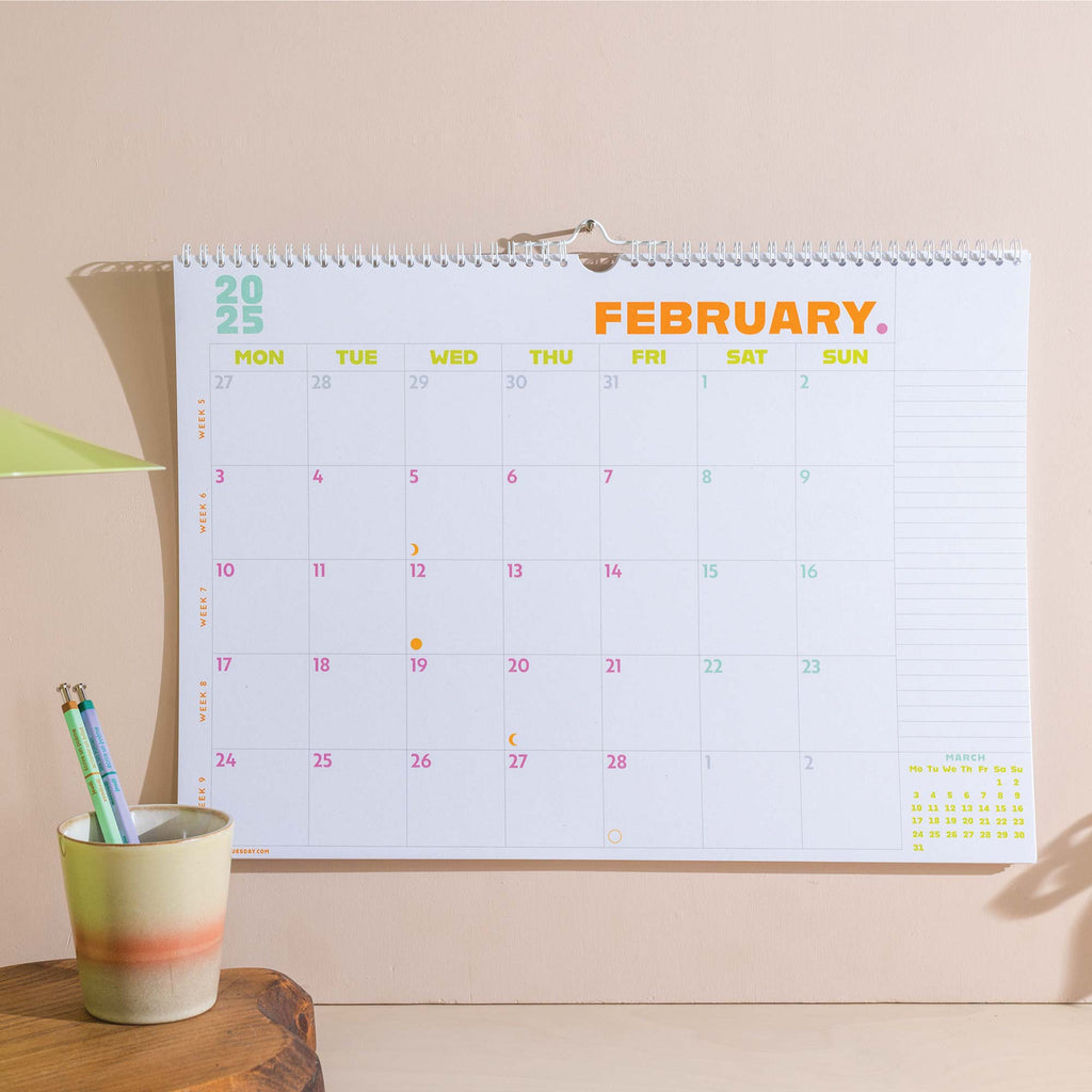 2025 Large Calendar. A3. Minimalist with pops of colour. 100% recycled paper. made in the UK.