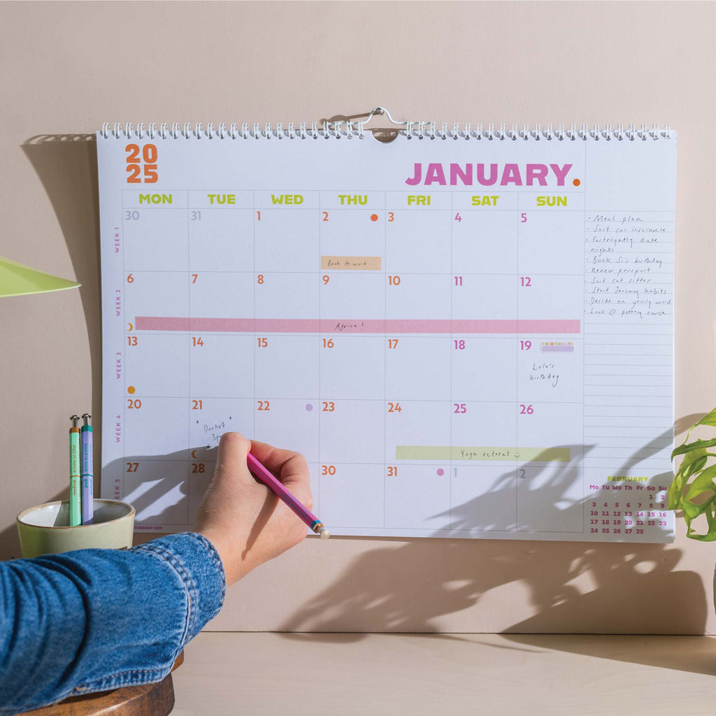 2025 Large Calendar. A3. Minimalist with pops of colour. 100% recycled paper. made in the UK.