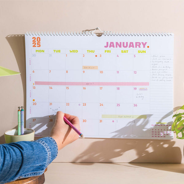 2025 Large Calendar. A3. Minimalist with pops of colour. 100% recycled paper. made in the UK.