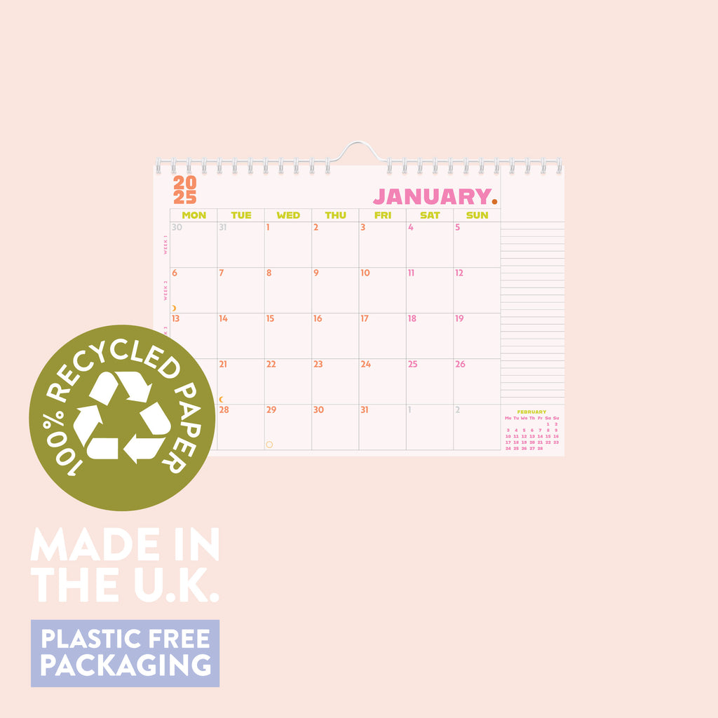 2025 Large Calendar. A3. Minimalist with pops of colour. 100% recycled paper. made in the UK.