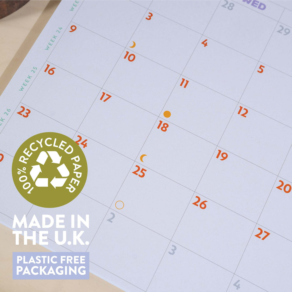 2025 Large Calendar. A3. Minimalist with pops of colour. 100% recycled paper. made in the UK.