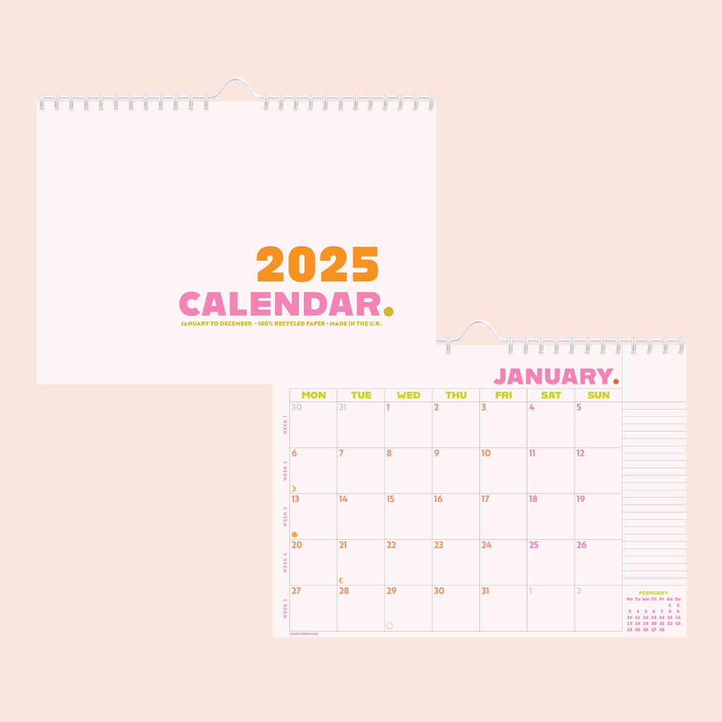 2025 Large Calendar. A3. Minimalist with pops of colour. 100% recycled paper. made in the UK.