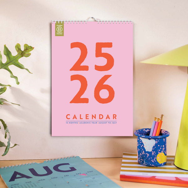 2025–2026 A4 Academic Wall Calendar Cover – Bold Pink and Red Design, Recycled Paper, UK Printed