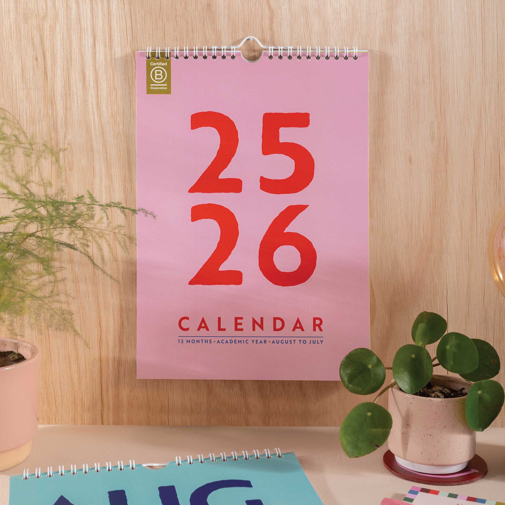 2025–2026 A4 Academic Wall Calendar Cover – Bold Pink and Red Design, Recycled Paper, UK Printed