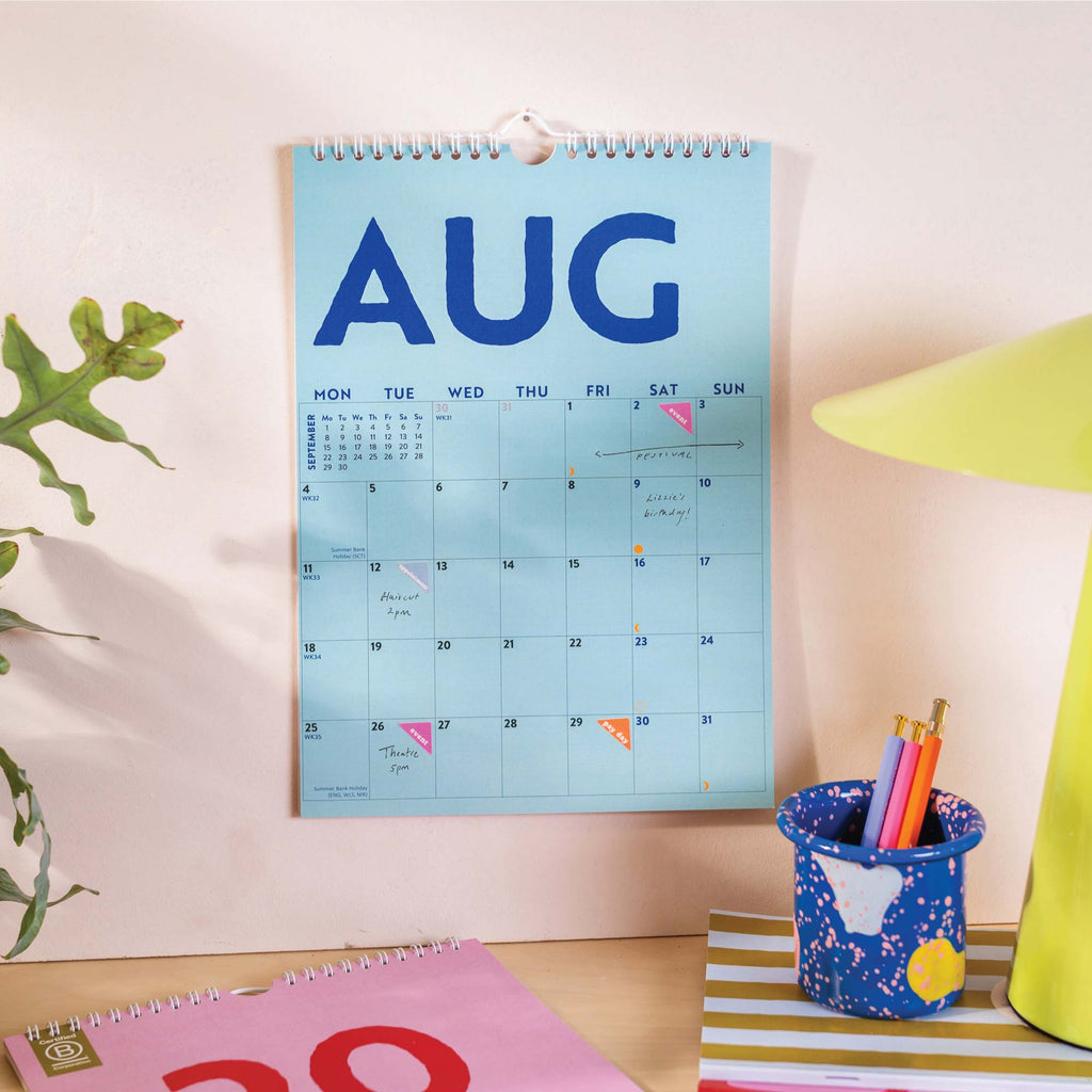 2025 calendar. A4 planner. Bold colours. recycled paper calendar. stationery made in the UK.