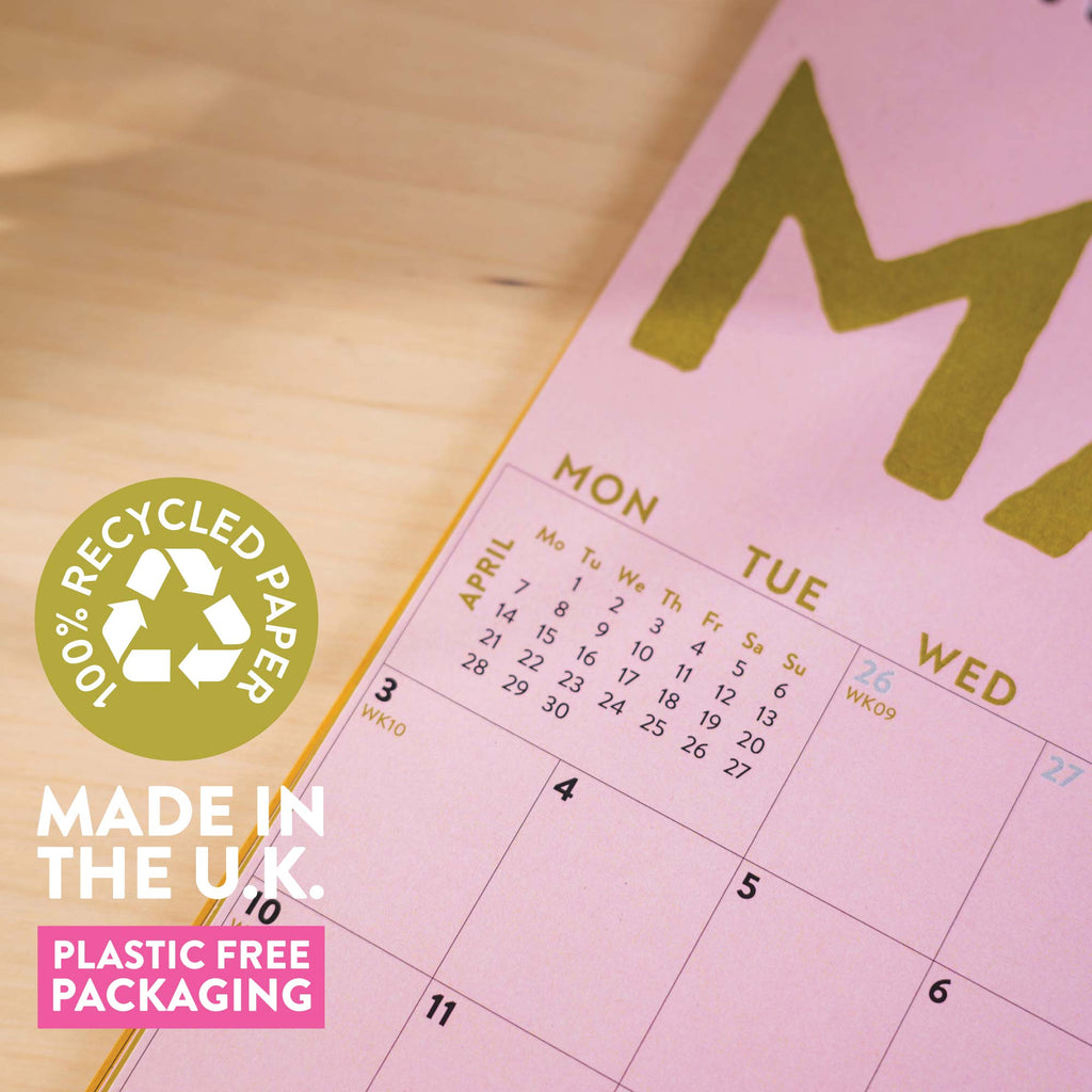 2025 calendar. A4 planner. Bold colours. recycled paper calendar. stationery made in the UK.