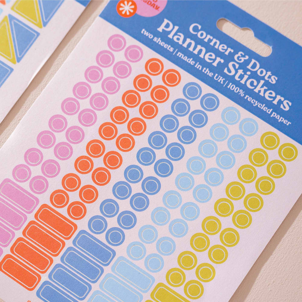 Corner and Dots Planner Stickers – Colourful, customisable stickers for calendars, diaries, and bullet journals. Made from 100% recycled, biodegradable paper.