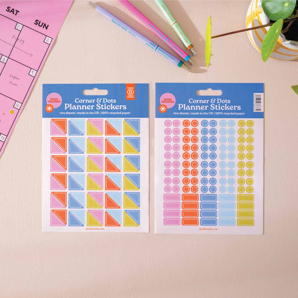 Corner and Dots Planner Stickers – Colourful, customisable stickers for calendars, diaries, and bullet journals. Made from 100% recycled, biodegradable paper.