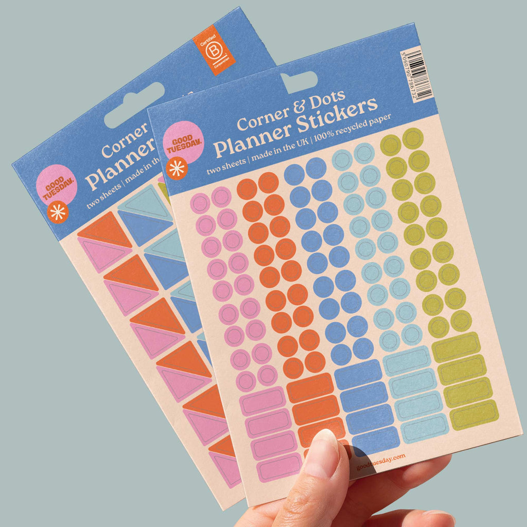 Corner and Dots Planner Stickers – Colourful, customisable stickers for calendars, diaries, and bullet journals. Made from 100% recycled, biodegradable paper.