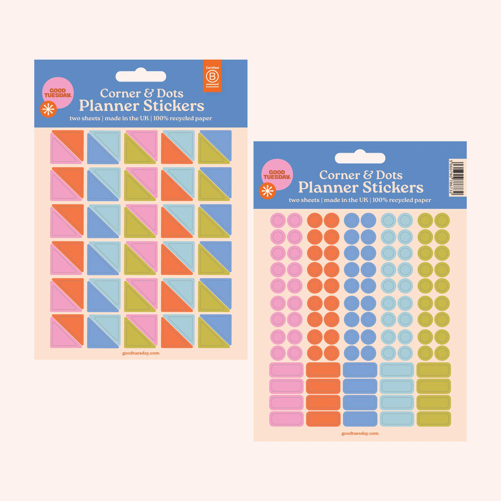 Corner and Dots Planner Stickers – Colourful, customisable stickers for calendars, diaries, and bullet journals. Made from 100% recycled, biodegradable paper.